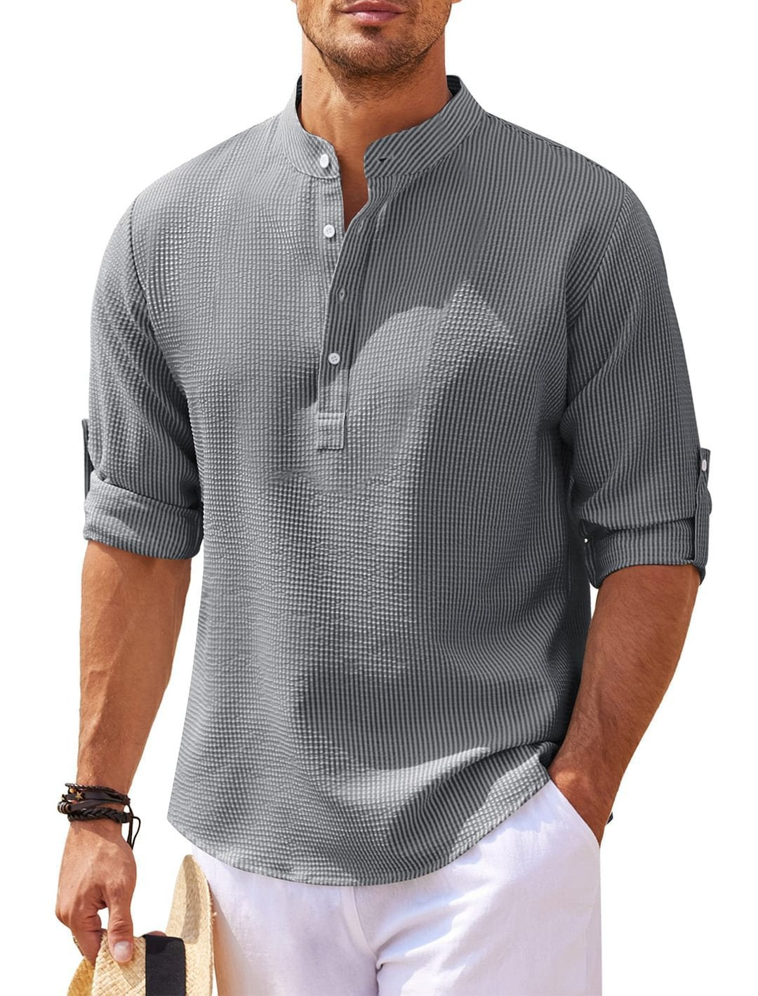 Camisa casual para hombre Camisa de color sólido con cuello alto de manga larga Ropa para hombre