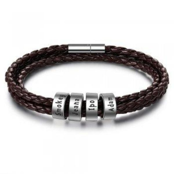 best Personalized Mens Braided Genuine Leather Bracelet Stainless Steel Custom Beads Name Charm Bracelet For Men With Family Names 7 shop online at M2K Trends for