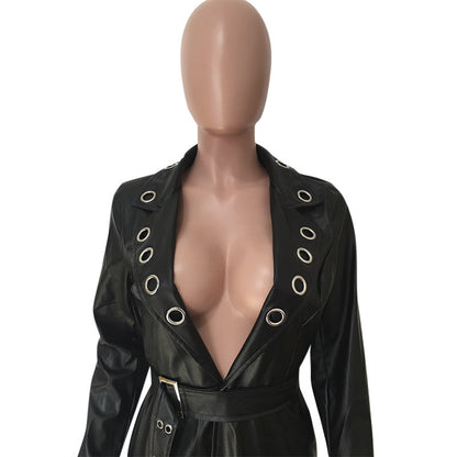 Edgy Leather Jacket | V-Neck & Eyelet Belt