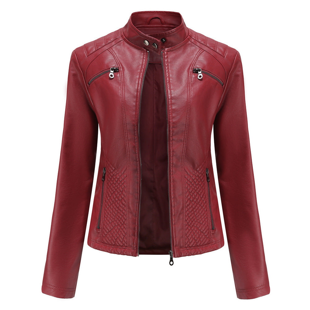 Women's Faux Leather Stand Collar Jacket - Elegant Commuter Style
