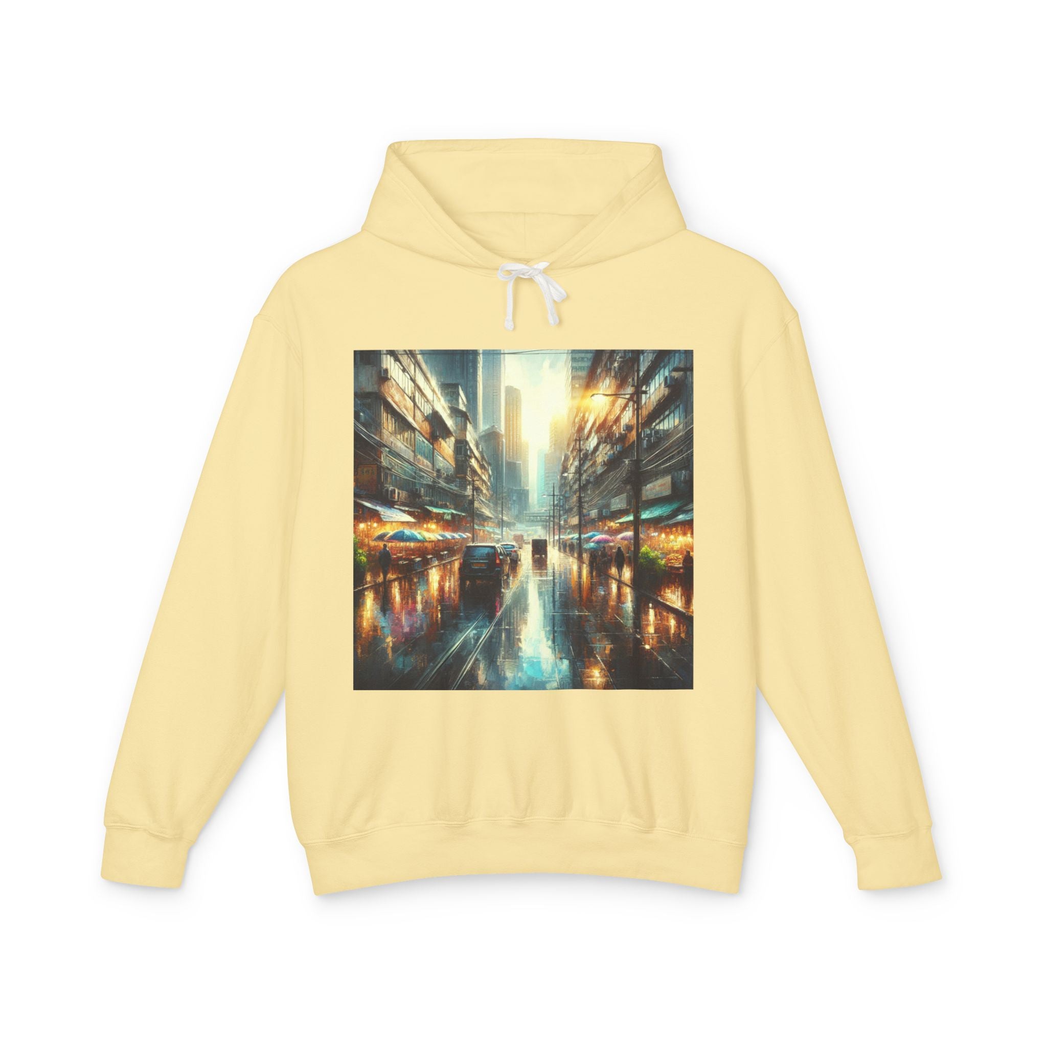 Rainy Sunny Day Lightweight Hoodie, Moody Urban Landscape Sweatshirt, High Contrast Street Photography Pullover, Cityscape Hooded Top,