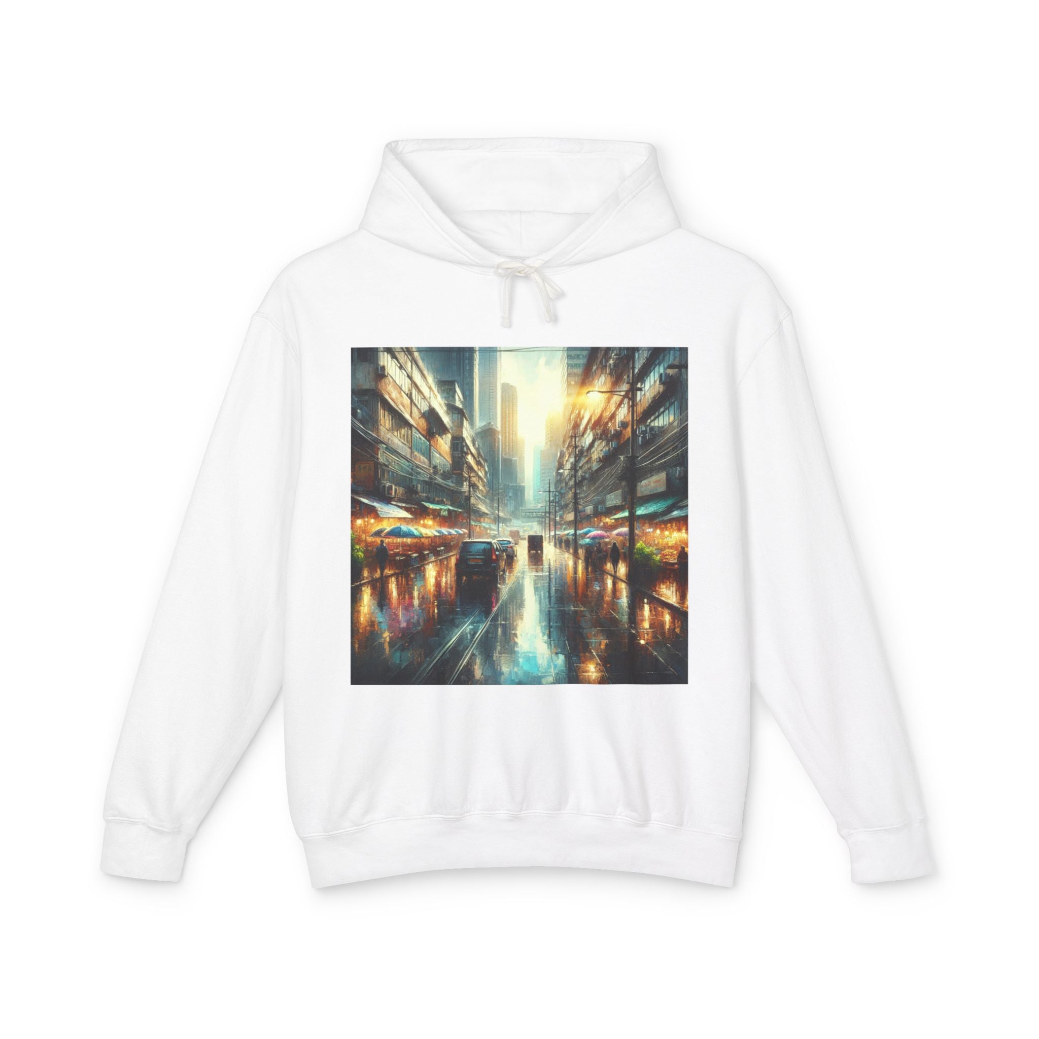 Rainy Sunny Day Lightweight Hoodie, Moody Urban Landscape Sweatshirt, High Contrast Street Photography Pullover, Cityscape Hooded Top,