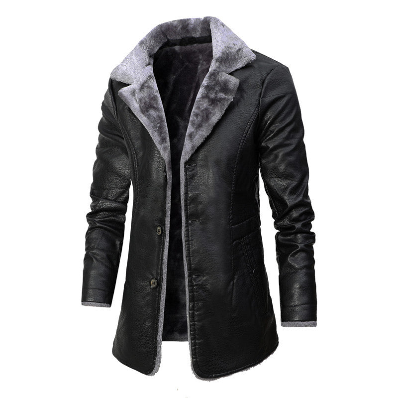 Men's Plush Fleece-Lined Leather Jacket - Winter Warm Single-Breasted Coat