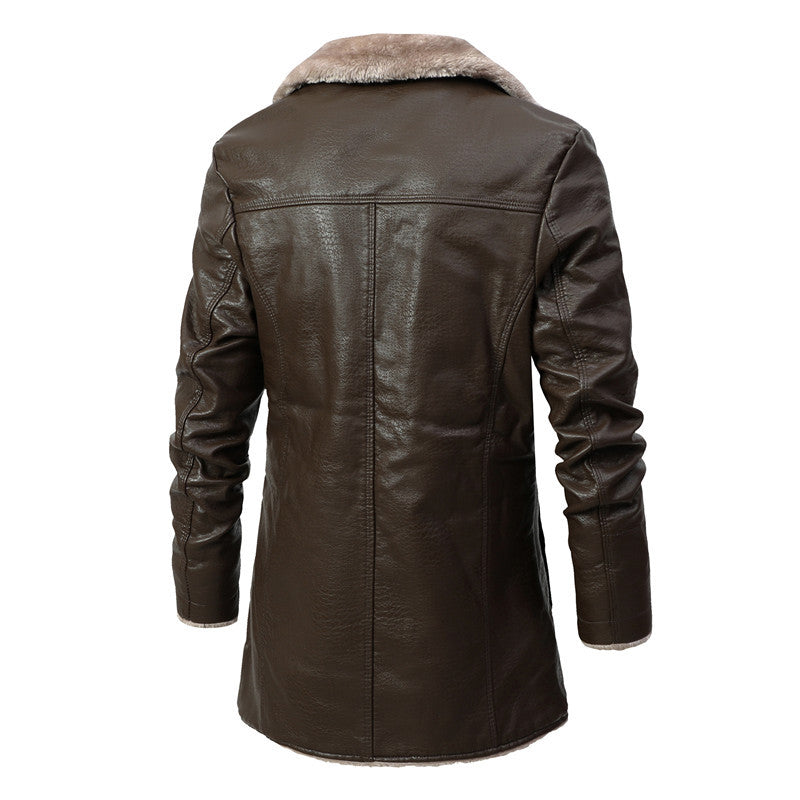 Men's Plush Fleece-Lined Leather Jacket - Winter Warm Single-Breasted Coat