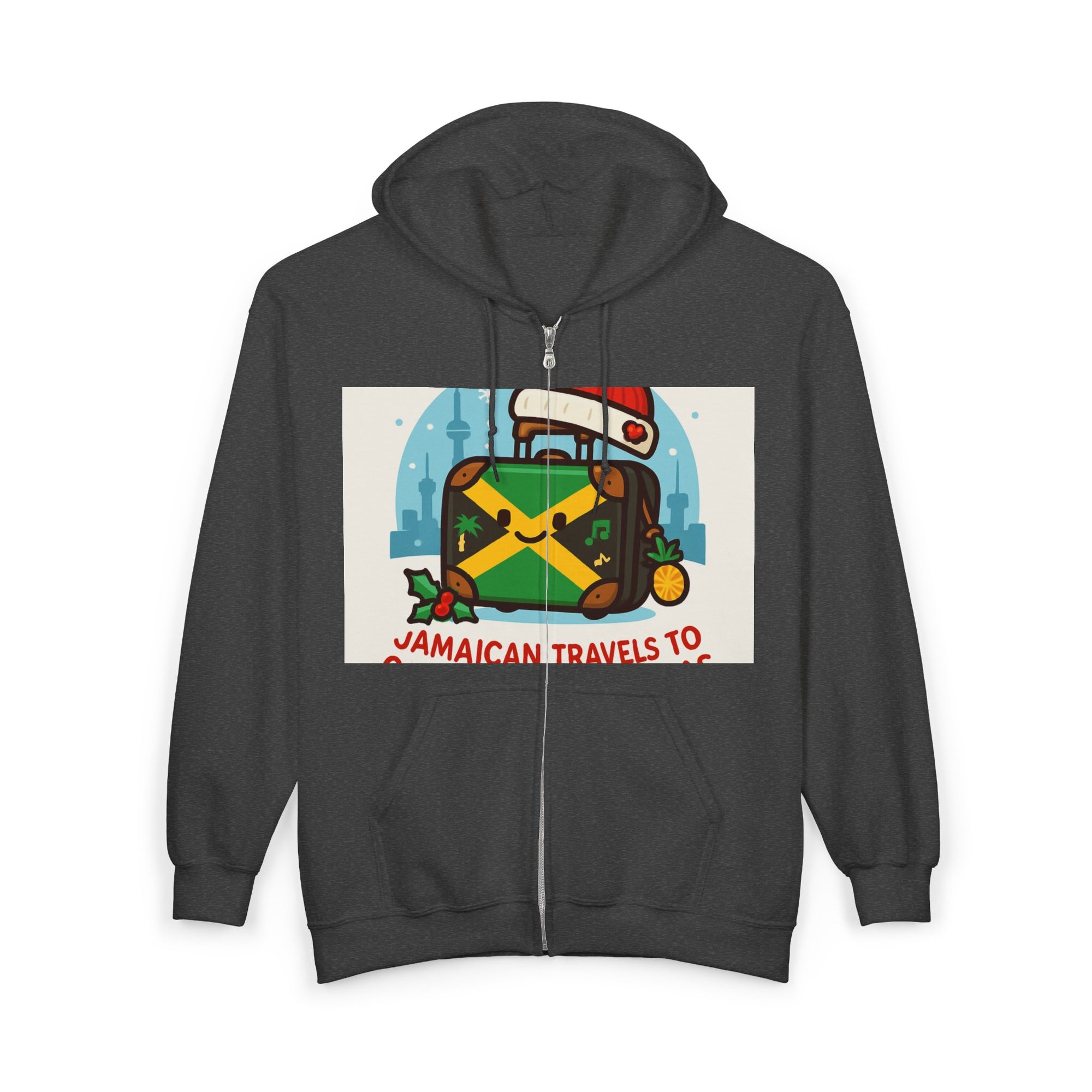 Holiday Jamaican Travel Hoodie – 'Jamaican Travels To' Santa Hat Suitcase Design