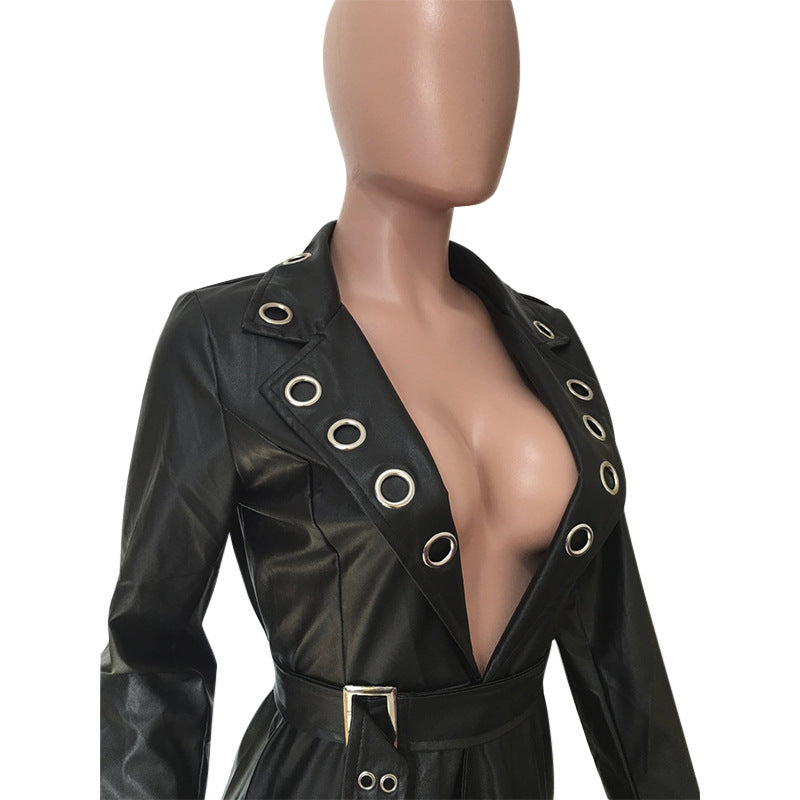 Edgy Leather Jacket | V-Neck & Eyelet Belt