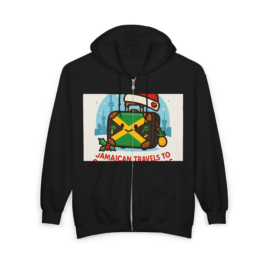 Holiday Jamaican Travel Hoodie – 'Jamaican Travels To' Santa Hat Suitcase Design