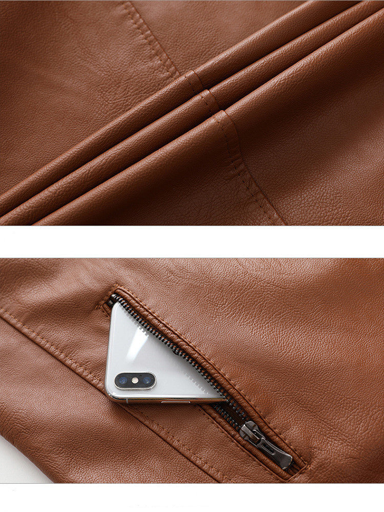 Men's Fleece-Lined PU Leather Jacket - Stand Collar Casual Outerwear