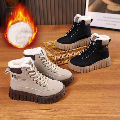 Ins Lace-up Snow Boots Winter Warm Fleece Flat Shoes For Women Fashion Casual Plush Ankle Boot