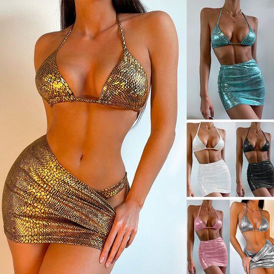 Trajes de baño de 3 piezas para mujer, conjunto de bikini con estampado de serpiente halter y falda cubierta, traje de baño de verano