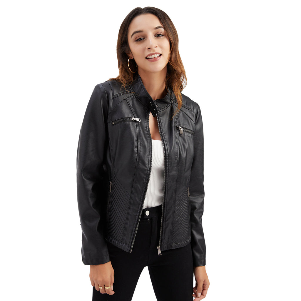 Women's Faux Leather Stand Collar Jacket - Elegant Commuter Style