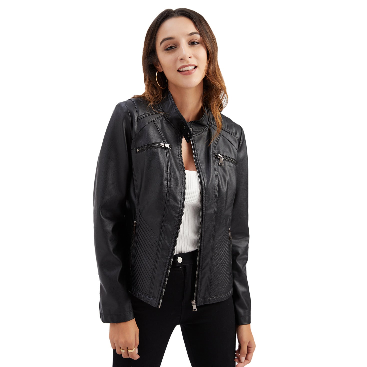 Women's Faux Leather Stand Collar Jacket - Elegant Commuter Style