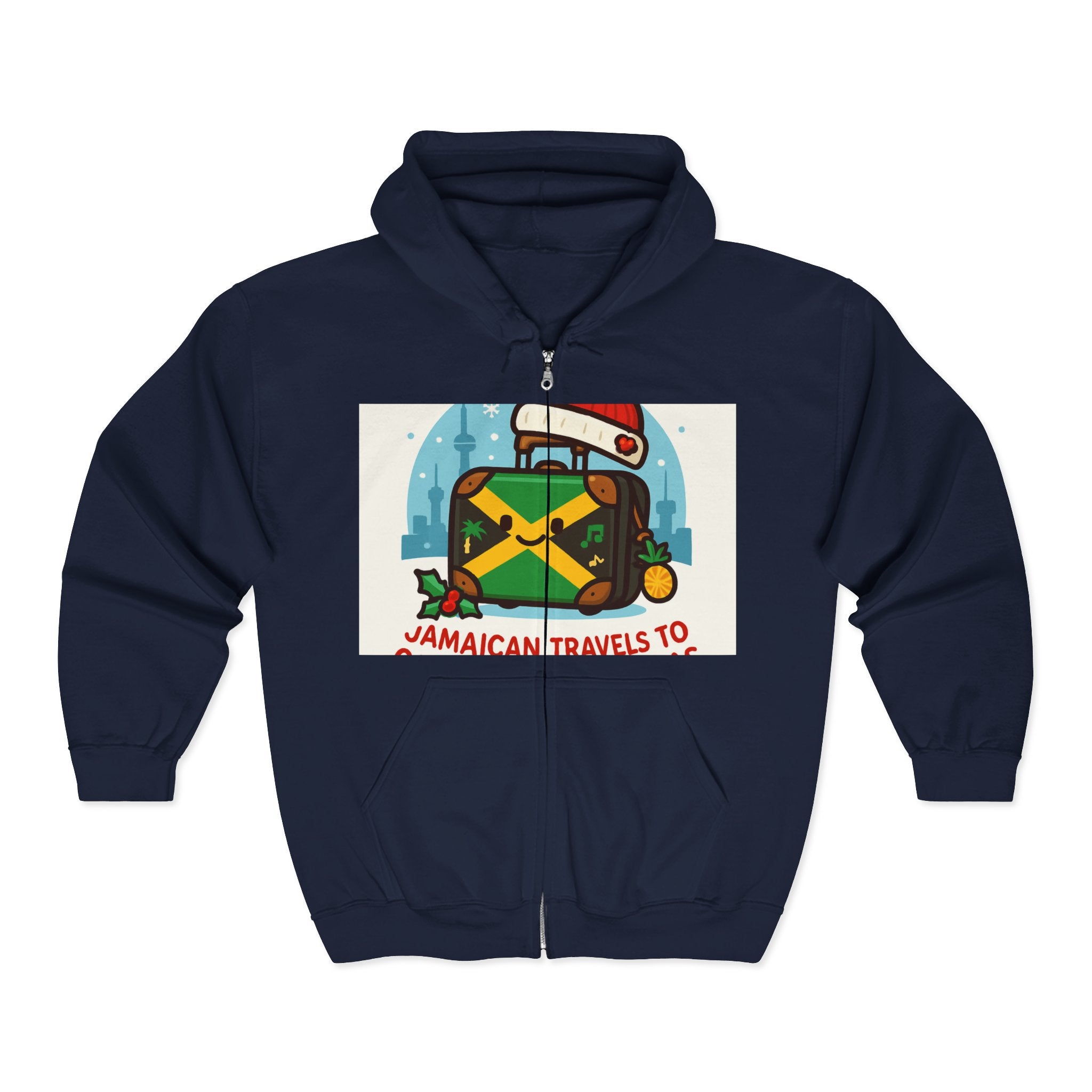 Holiday Jamaican Travel Hoodie – 'Jamaican Travels To' Santa Hat Suitcase Design