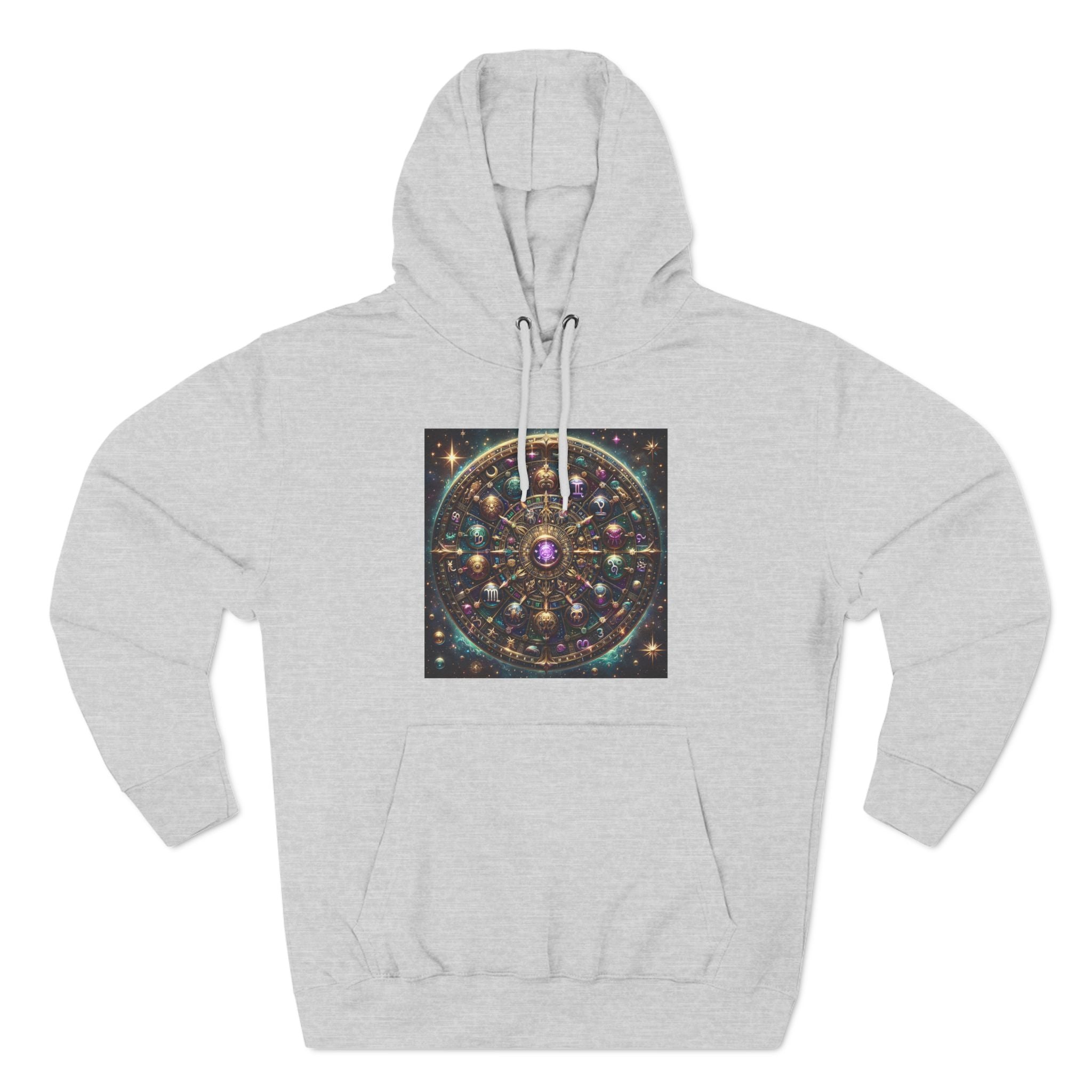 Zodiac Wheel Three-Panel Fleece Hoodie, Astrology Enthusiasts Gift, Mystical Zodiac Signs, Cosmic Vibes, Starry Background, Metallic Design,