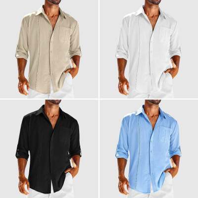 Camisa casual de manga larga con bolsillo, cuello tipo polo de encaje, botón de color sólido, ropa para hombre