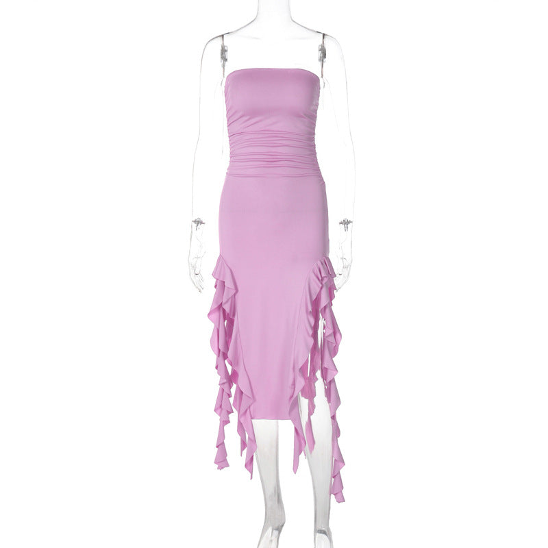 Strapless High-Slit Ruffle Hem Dress – Sexy Floral Fold Party Dress