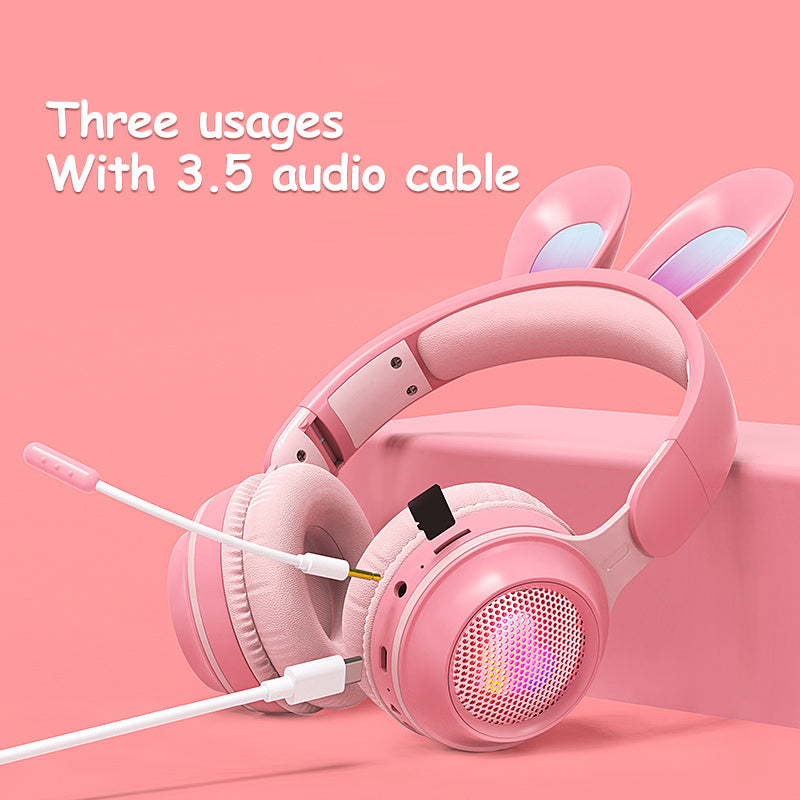 Auriculares con orejas de conejo, inalámbricos, luminosos, extensibles, de trigo