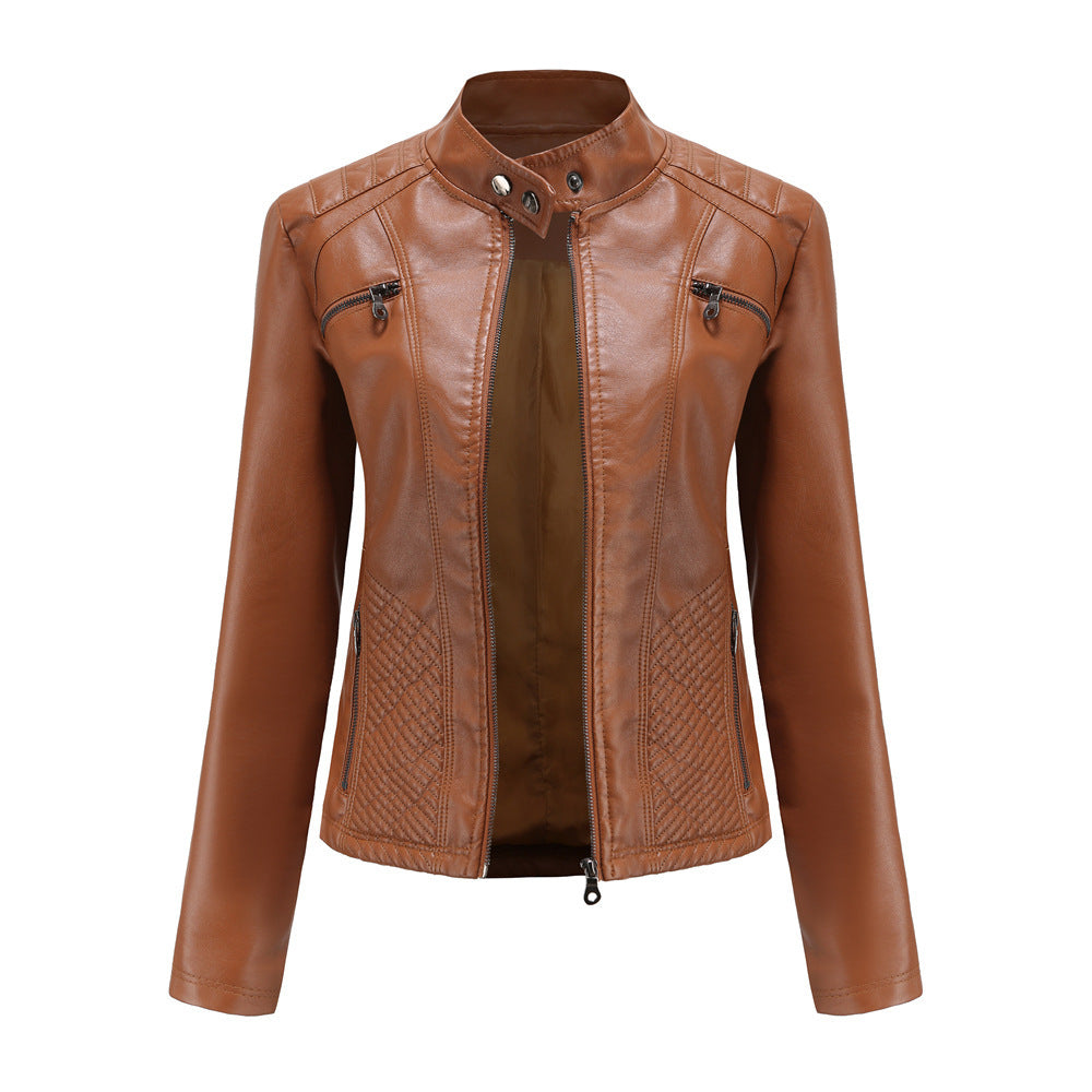 Women's Faux Leather Stand Collar Jacket - Elegant Commuter Style