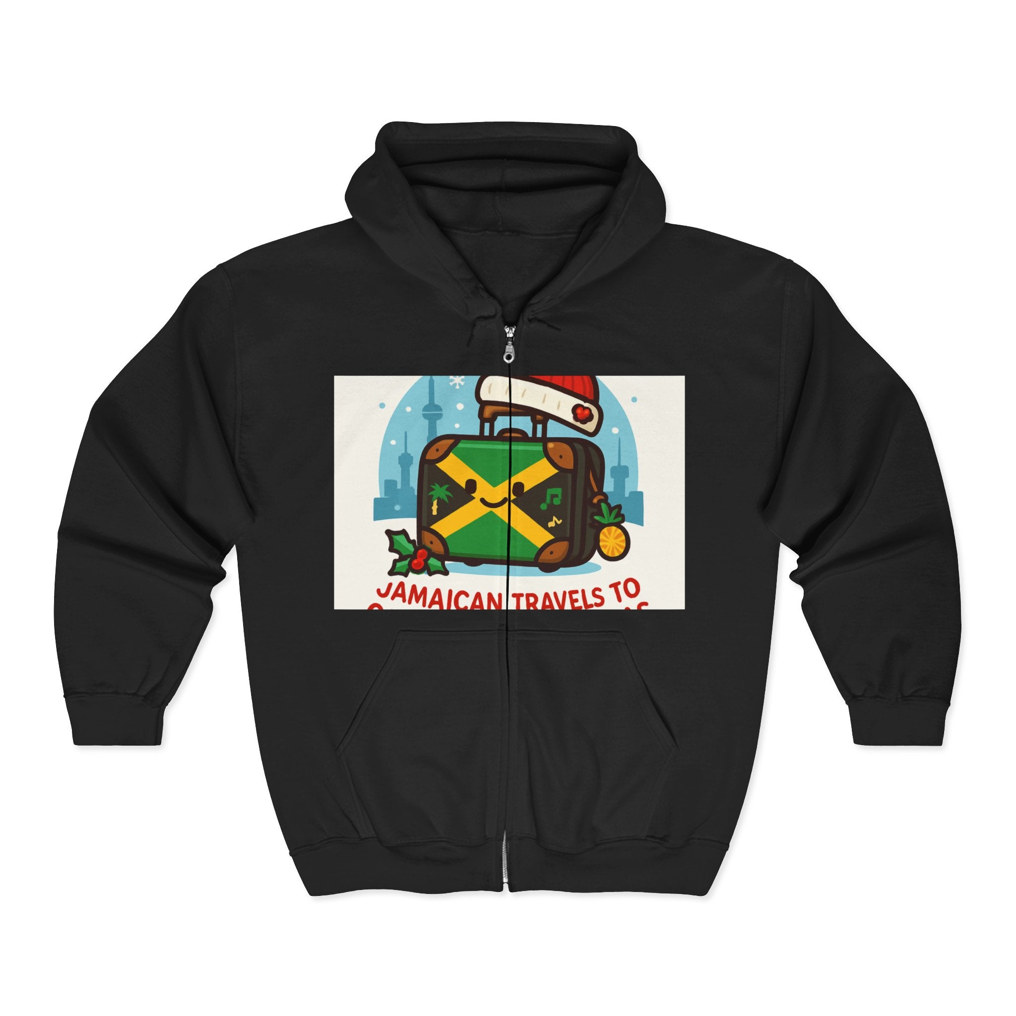 Holiday Jamaican Travel Hoodie – 'Jamaican Travels To' Santa Hat Suitcase Design