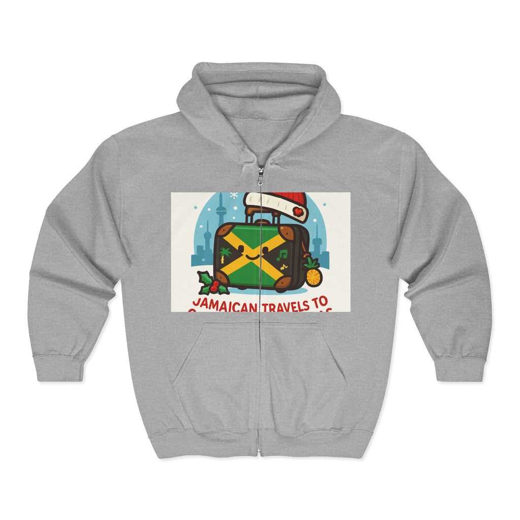 Holiday Jamaican Travel Hoodie – 'Jamaican Travels To' Santa Hat Suitcase Design