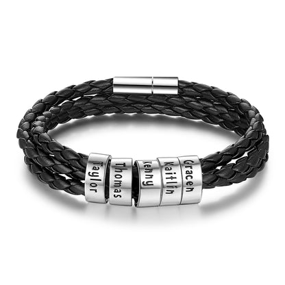 best Personalized Mens Braided Genuine Leather Bracelet Stainless Steel Custom Beads Name Charm Bracelet For Men With Family Names 7 shop online at M2K Trends for