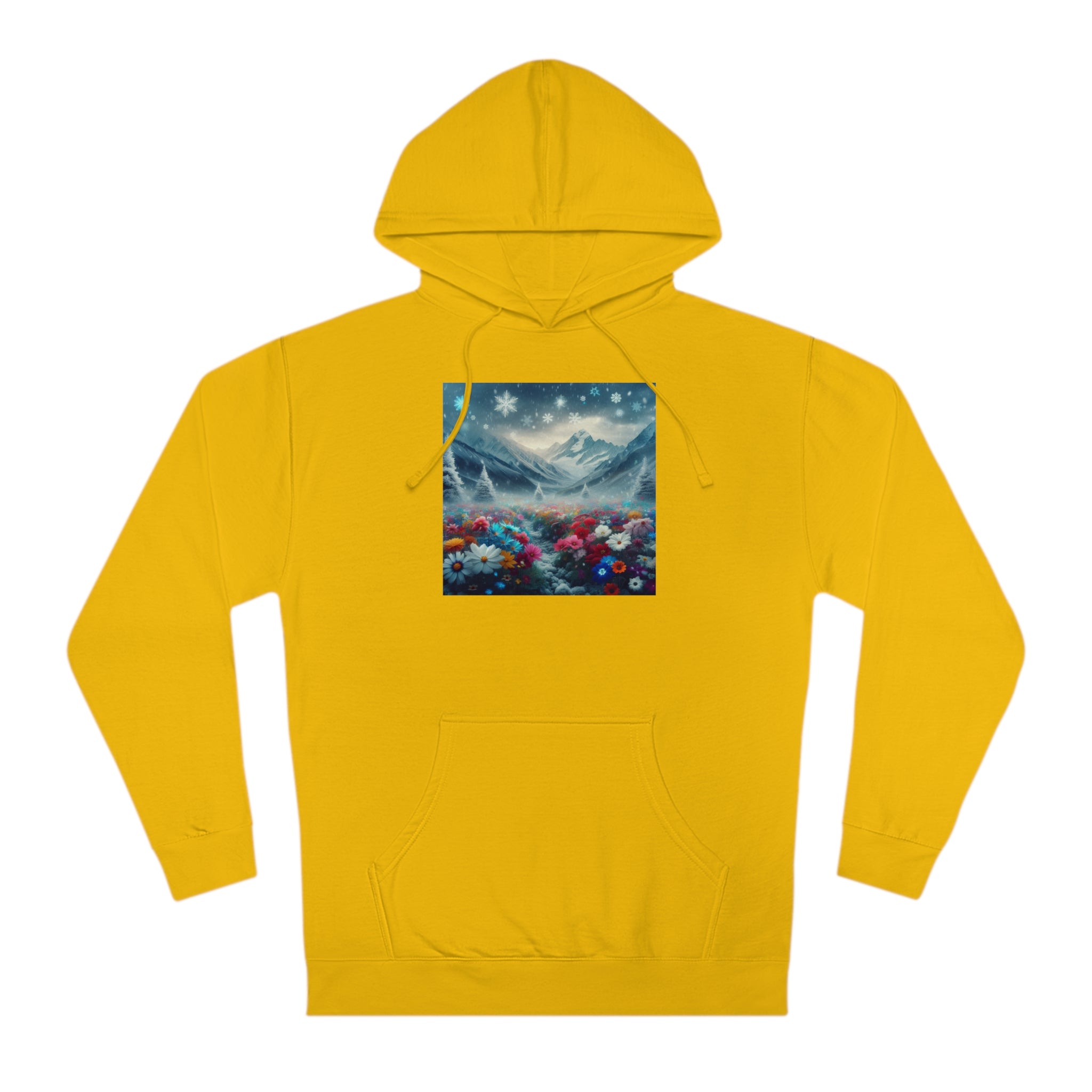 Snowing on the Mountain of Flowers Hoodie, Floral Winter Sweatshirt, Nature Lover Gift, Cozy Mountain View Pullover, Snowy Botanical Hoodie,