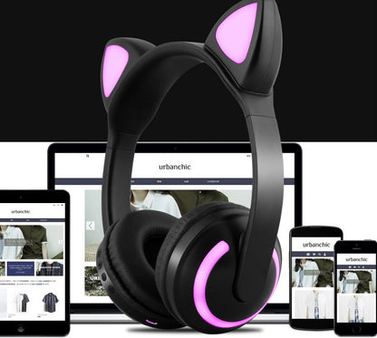 Auriculares inalámbricos con orejas de gato con reducción de ruido y luz LED