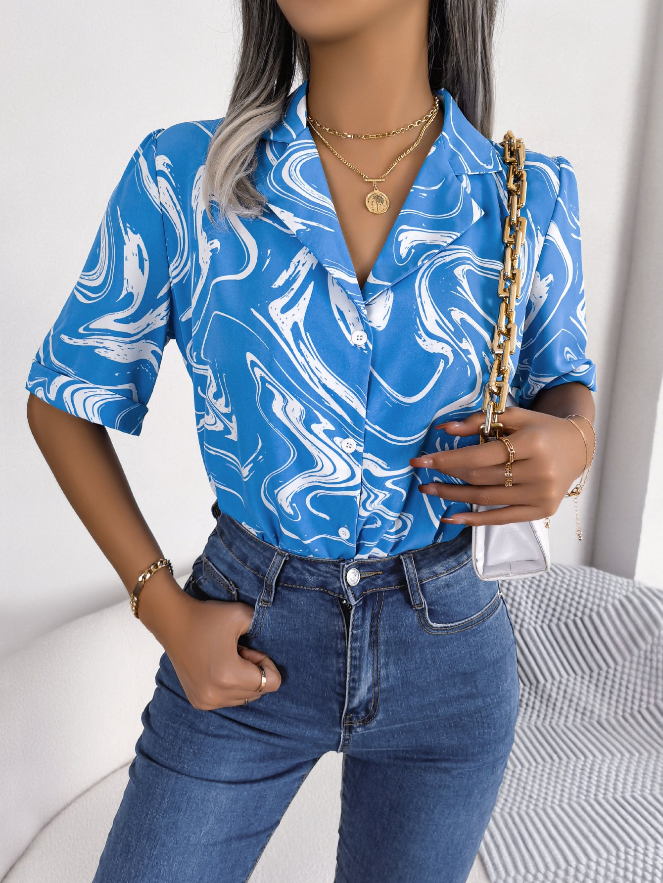 Camisa de manga corta con estampado Tie Dye para mujer, camisa informal de verano con solapa, ropa