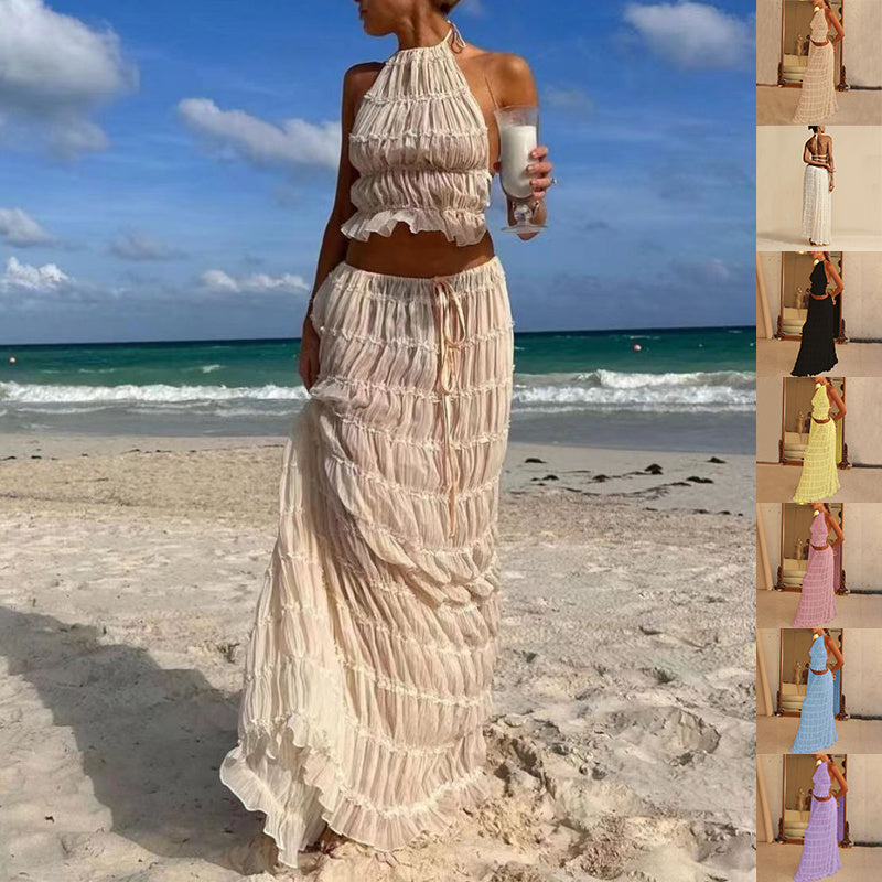 2pcs Women's Dress Suit – Sexy Halter Top & Pleated Long Skirt | Beach Outfit by M2K Trends ✨