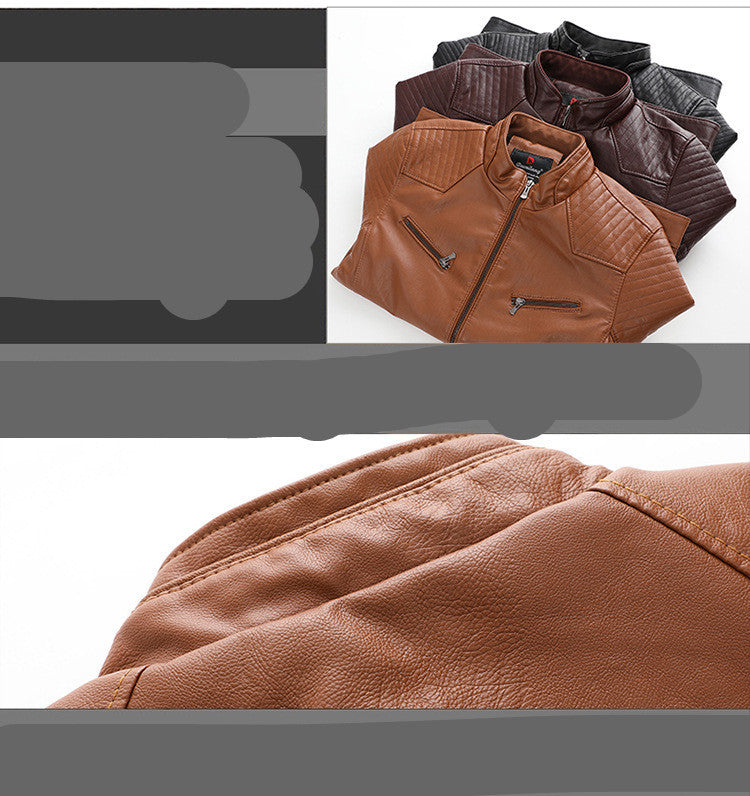 Men's Fleece-Lined PU Leather Jacket - Stand Collar Casual Outerwear