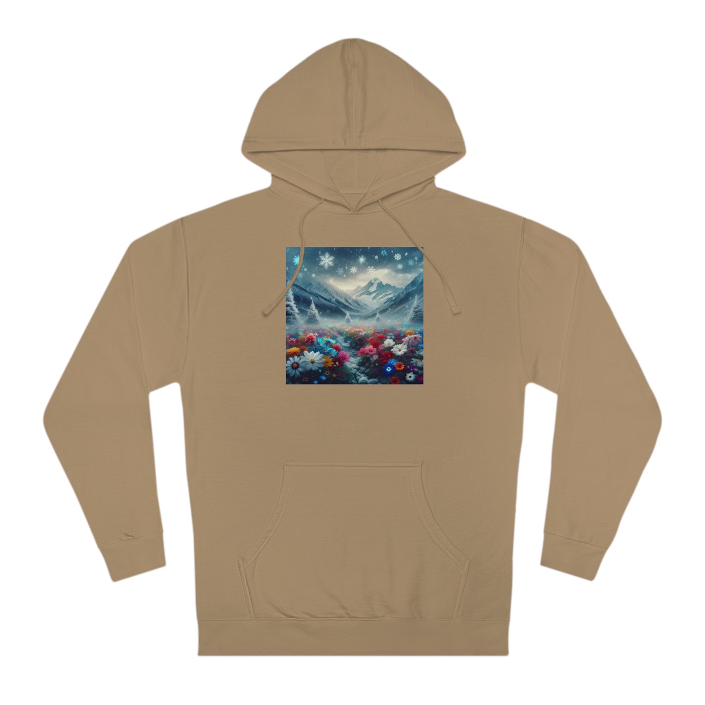 Snowing on the Mountain of Flowers Hoodie, Floral Winter Sweatshirt, Nature Lover Gift, Cozy Mountain View Pullover, Snowy Botanical Hoodie,