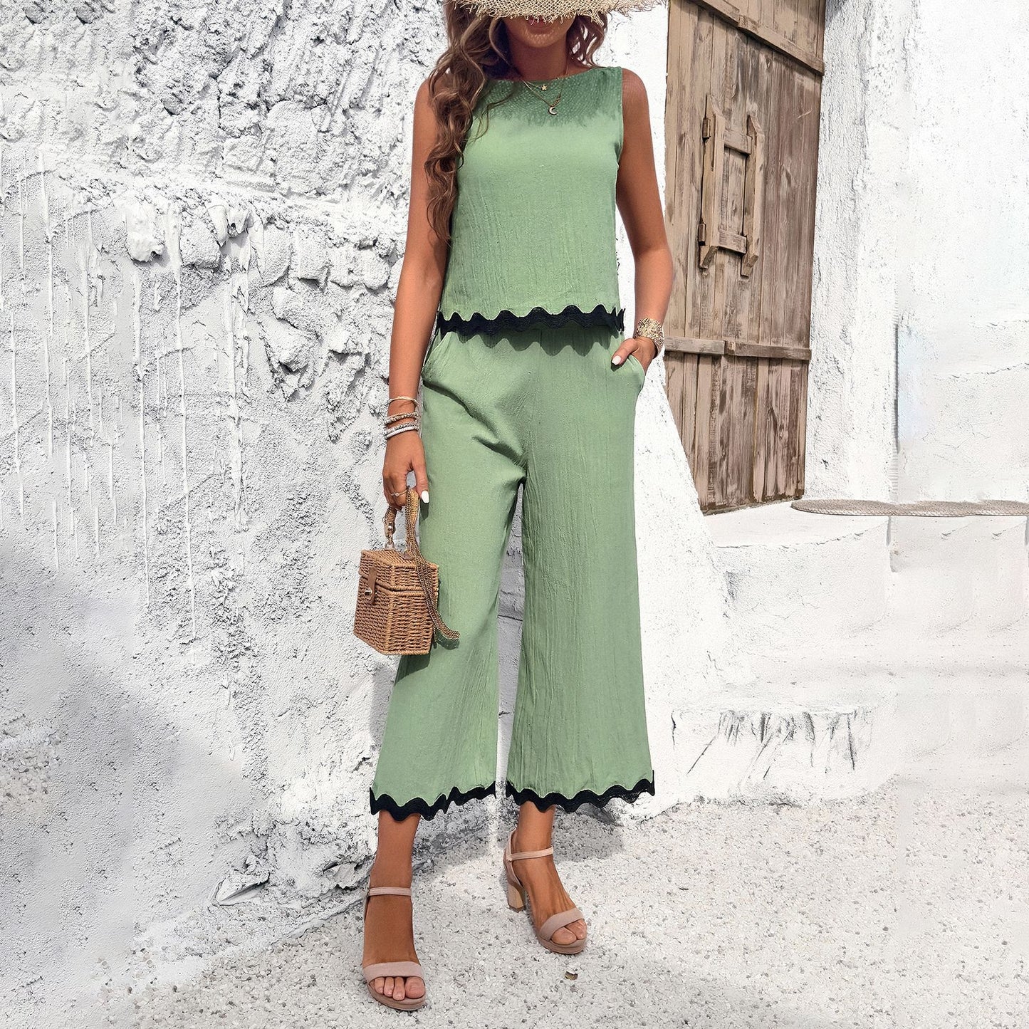 Summer Wave Print Suit: Sleeveless Top & Straight Trousers