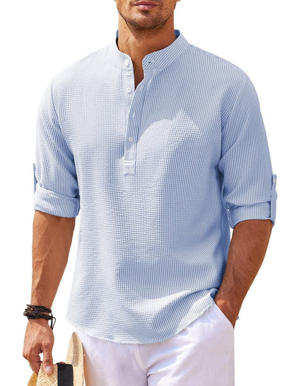 Camisa casual para hombre Camisa de color sólido con cuello alto de manga larga Ropa para hombre