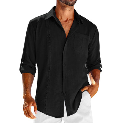 Camisa casual de manga larga con bolsillo, cuello tipo polo de encaje, botón de color sólido, ropa para hombre