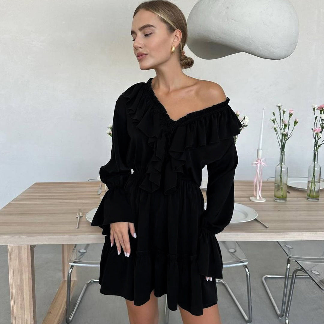 Elegant M2K Trend V-Neck Pleated Ruffle Long Sleeve Dress | Women's Clothing