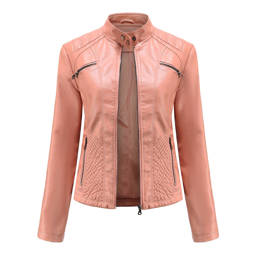 Women's Faux Leather Stand Collar Jacket - Elegant Commuter Style