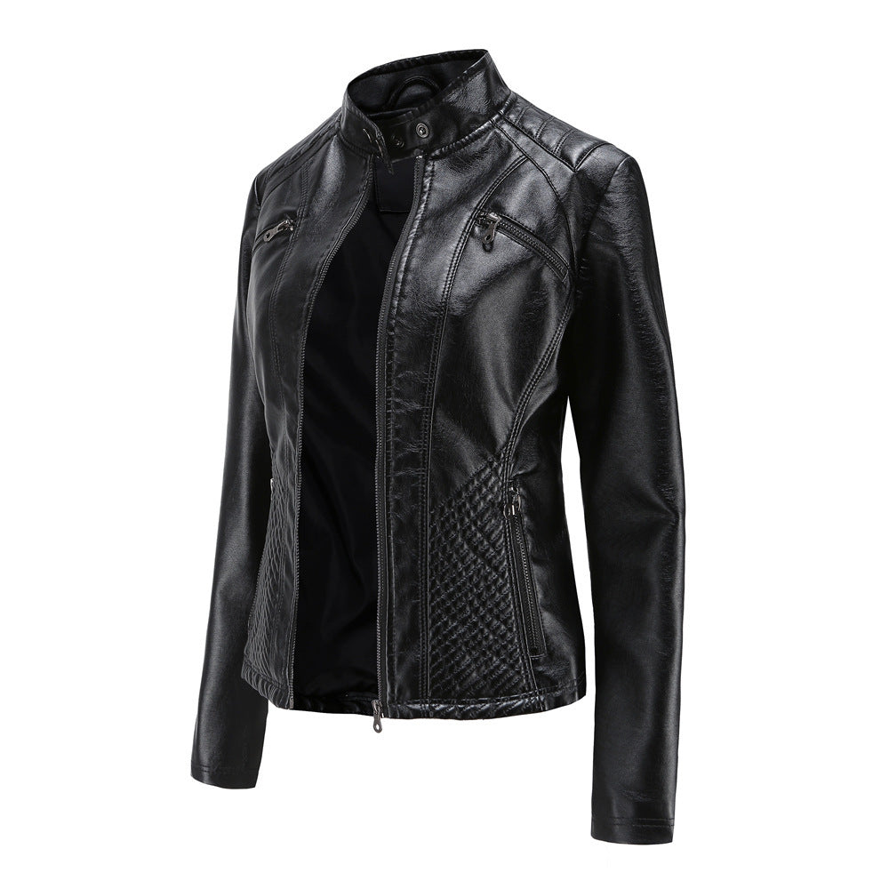 Women's Faux Leather Stand Collar Jacket - Elegant Commuter Style