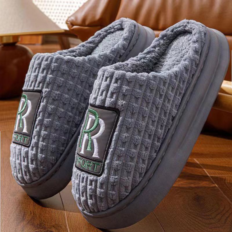 Men's Letter Plush Slippers Winter Warm Non-slip House Shoes Plus Size Indoor Bedroom Floor Home Slipper For Women