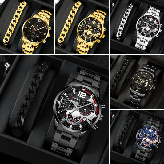 Stylish Men's Steel Quartz Watch & Bracelet Set – Perfect Gift