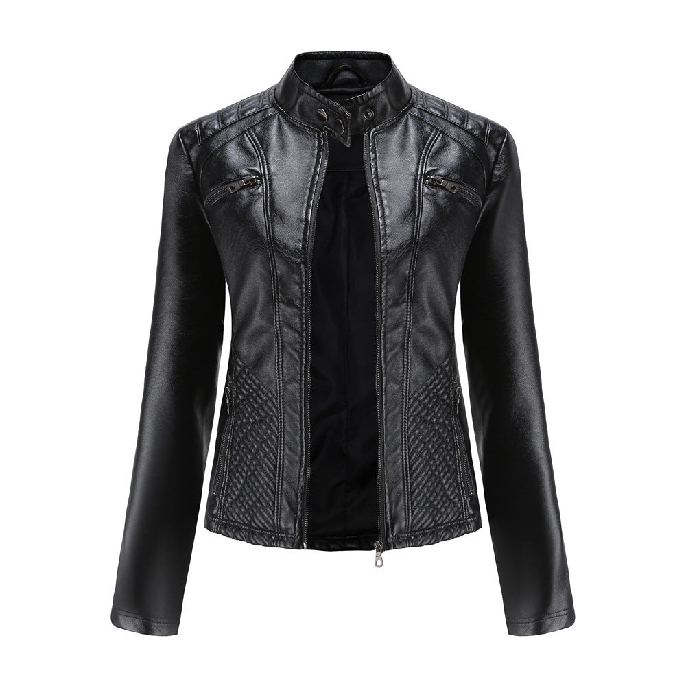 Women's Faux Leather Stand Collar Jacket - Elegant Commuter Style