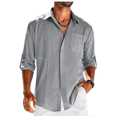 Camisa casual de manga larga con bolsillo, cuello tipo polo de encaje, botón de color sólido, ropa para hombre