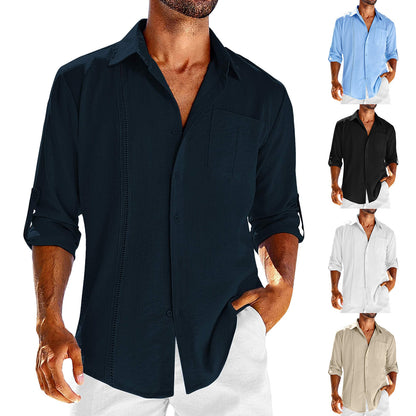 Camisa casual de manga larga con bolsillo, cuello tipo polo de encaje, botón de color sólido, ropa para hombre