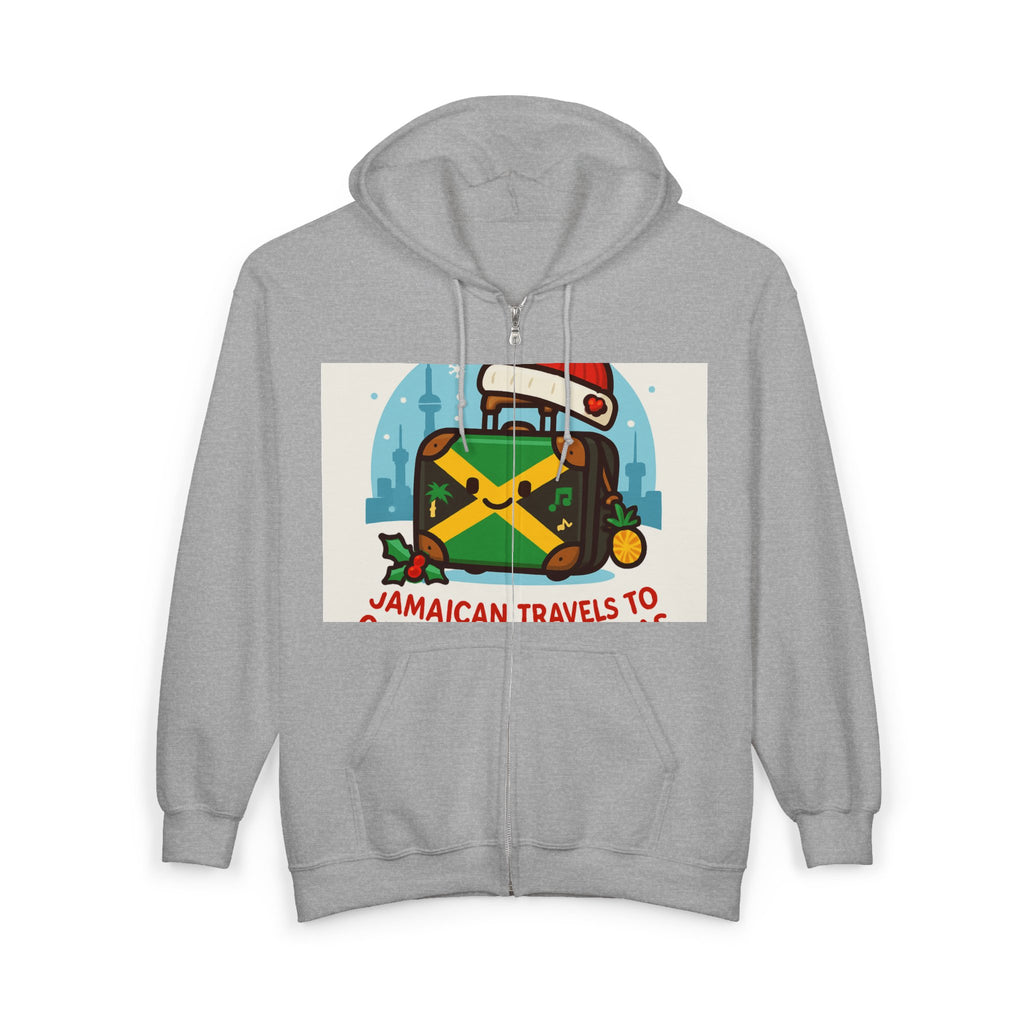 Holiday Jamaican Travel Hoodie – 'Jamaican Travels To' Santa Hat Suitcase Design