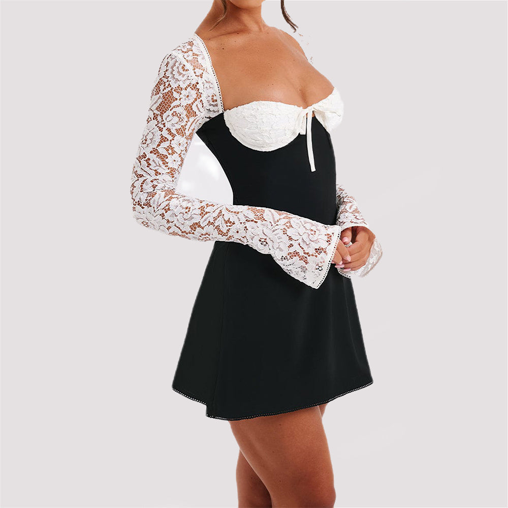 Sexy Y2K Lace Corset Mini Dress – Long Sleeve Backless Lace-Up Design