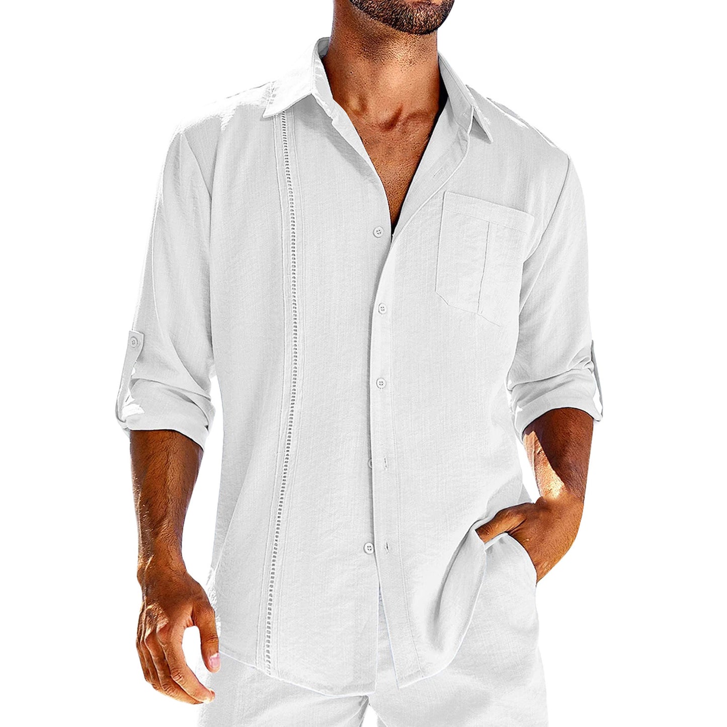 Camisa casual de manga larga con bolsillo, cuello tipo polo de encaje, botón de color sólido, ropa para hombre