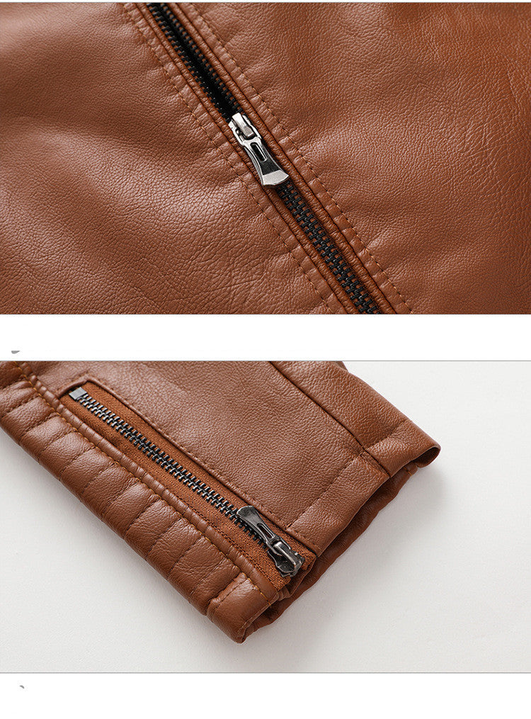 Brown leather jacket with zipper on a white background