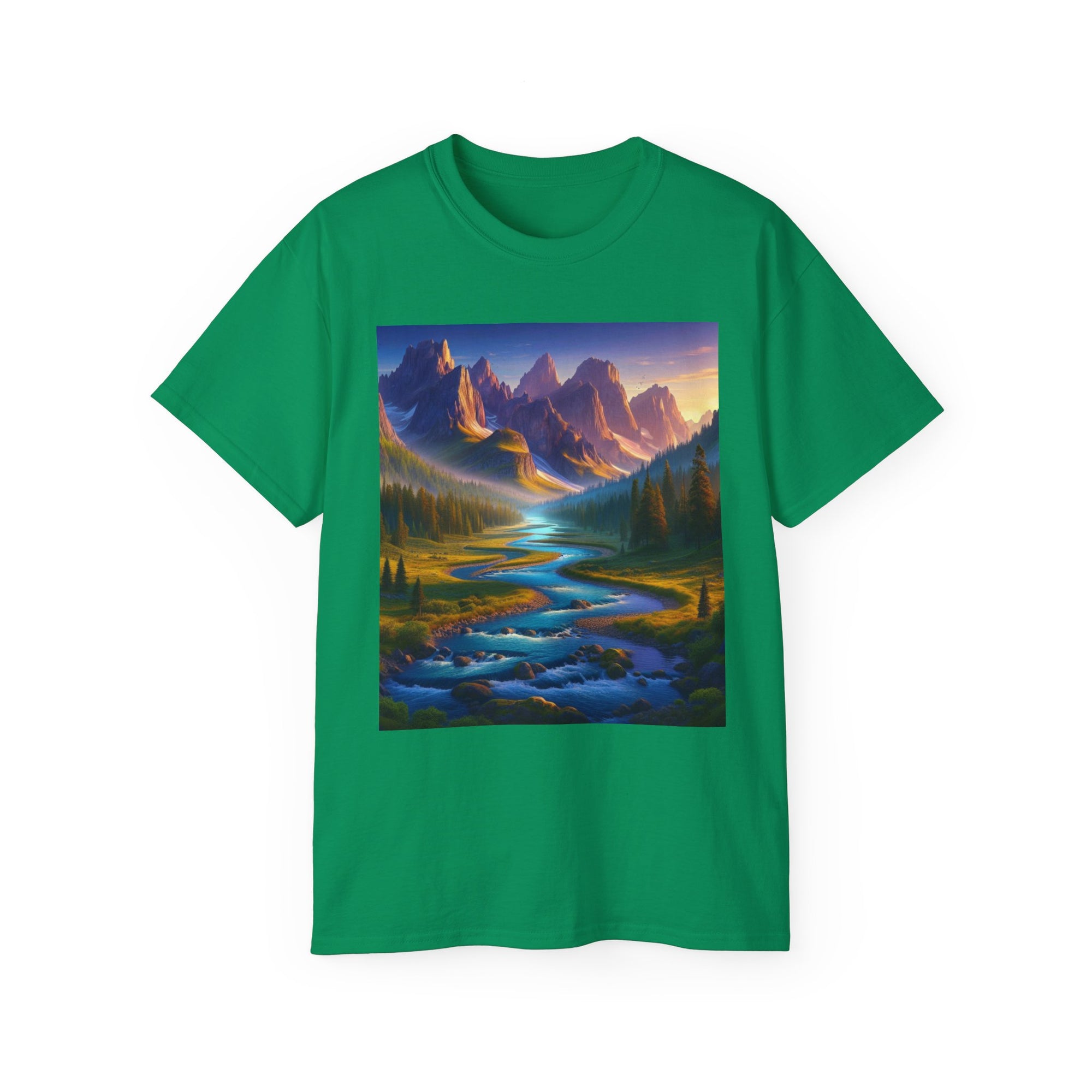 Green t-shirt with a mountain and river design on a white background