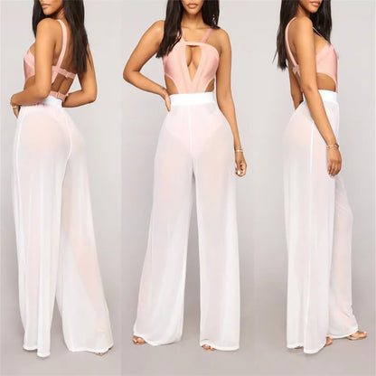 High Waist See Through Wide Leg Mesh Pants - 3 Colors