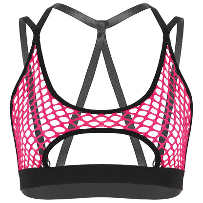 best Women's Hollow Fishnet Halter Elastic Spaghetti Straps Crisscross Back Cutout Underboob Vest Crop Tops Festival Rave Clubwear 0 shop online at M2K Trends for