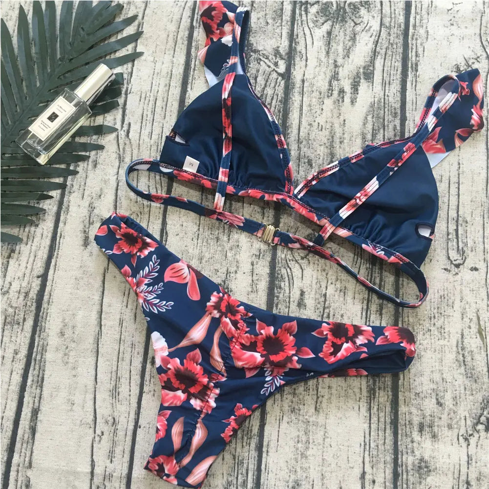 Bikini acolchado con realce para mujer, traje de baño Retro con estampado, ropa de playa para niña, traje de baño para mujer 2021